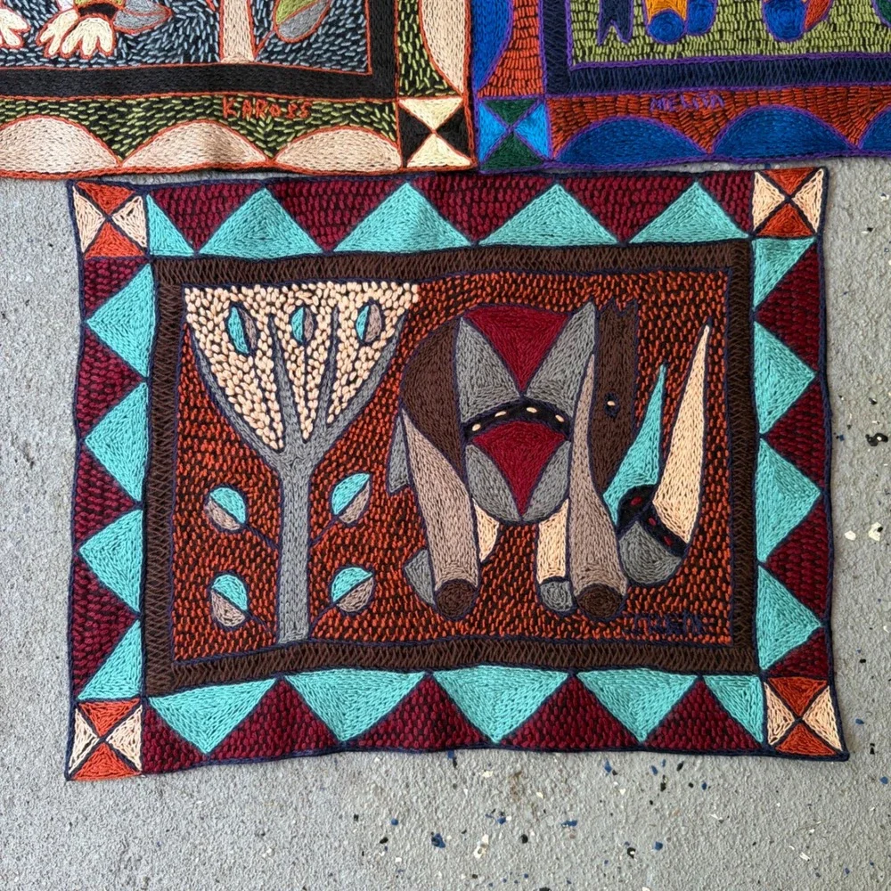 Kaross South Africa Hand Embroidered Shangaan Cloths Set of 3 Elephant Rhino Art